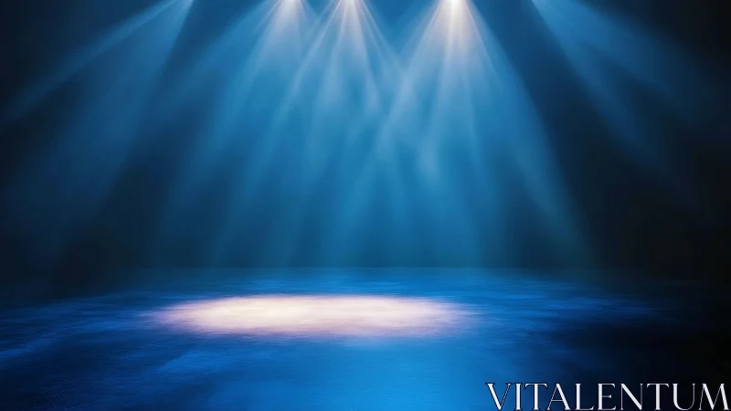 Empty stage under cool blue spotlights at center floor.