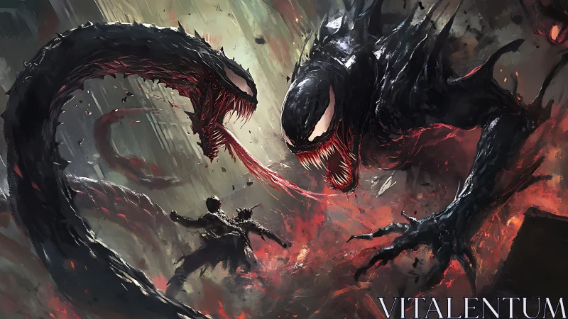 Kinetic symbiote assault encircles lone figure in high-contrast chaos