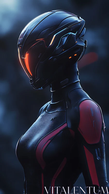 Helmeted cybernetic humanoid in glossy red black armor
