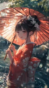 Woman in floral kimono holding umbrella in shallow water.