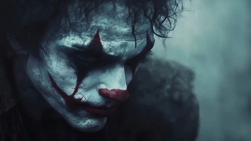 Broken circus smile folds into shadowed city silence