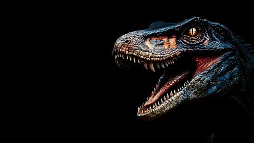 Dinosaur head rendered in profile with open jaws on black