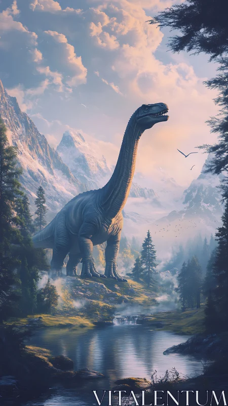Gentle giant dinosaur wanders through a misty mountain valley