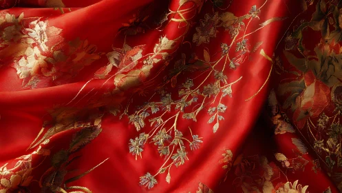 Ornate Red Fabric with Gold Embroidery and Floral Threads