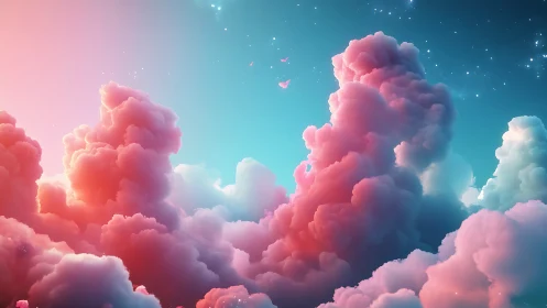 Pink and blue digital clouds form luminous towering shapes