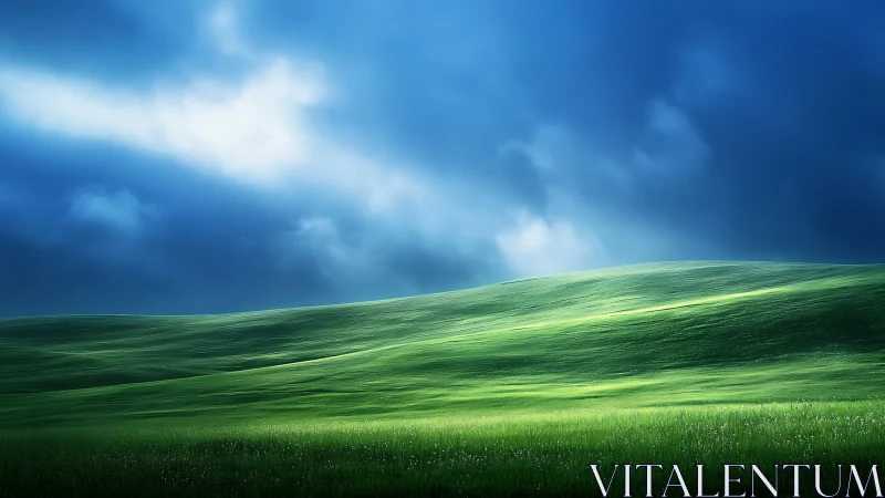 Green hillside under moody blue sky with bright light beam.