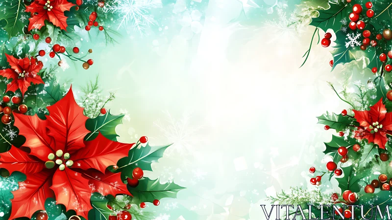 Poinsettia holly wreaths cradle a snowfall of soft light.