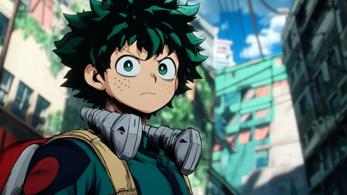 Green haired street hero gazes skyward between city shadows.