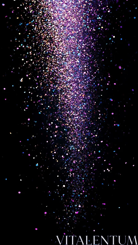 Vertical cascade of multicolored glitter particles.