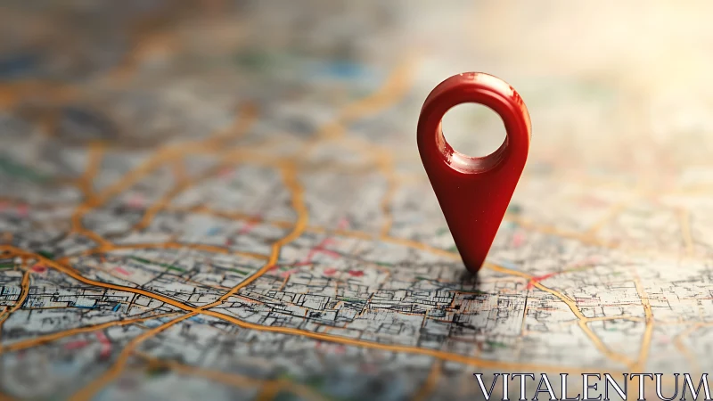 Red map location pin highlights city streets in focus.