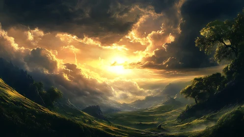 Stormkissed valley ignites beneath a roaring celestial sunrise.