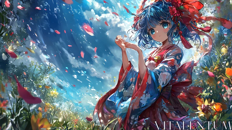 Anime floral kimono portrait amid luminous petal storm.