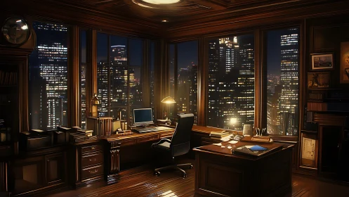 Executive corner office at night with city skyline view.