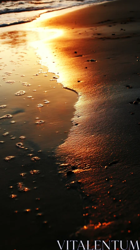 Specular shoreline reflection with grazing-angle sunset light.