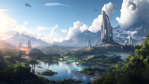 Futuristic alpine megacity rises above reflective valley lake