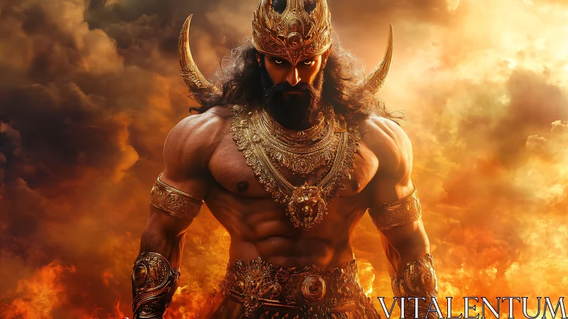 Mythic warrior king in golden armor amid fiery storm.