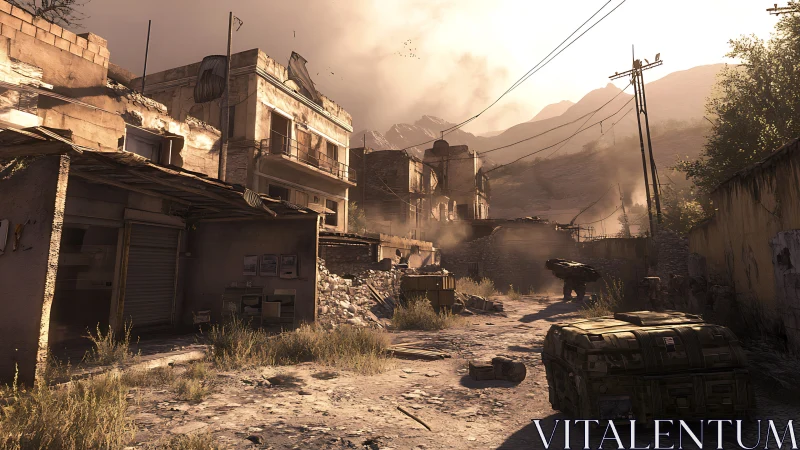 Sunlit war-torn street quietly resting between mountains.