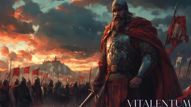 Armored medieval warlord leading red-bannered host at dusk