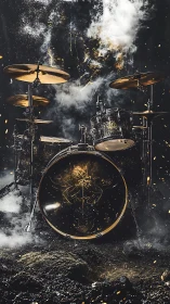Explosive drum kit on smoky stage with molten sparks.