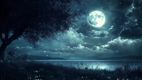 Moonlit lake glows beneath dramatic stormlit clouds.