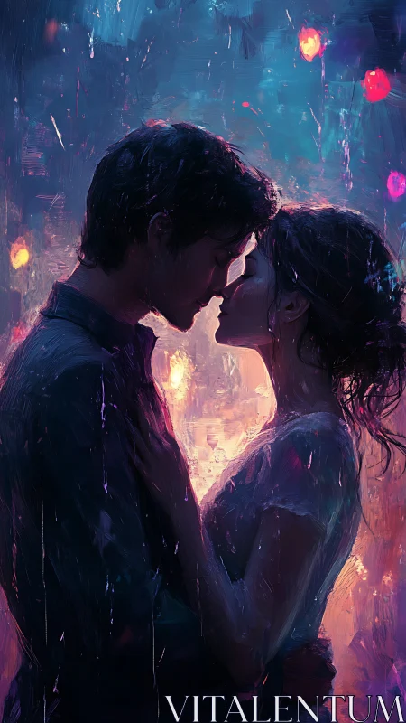 Cyberpunk Romance: Two Figures in Neon Rain.