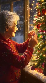 Elderly woman decorates snowy windowlit Christmas tree