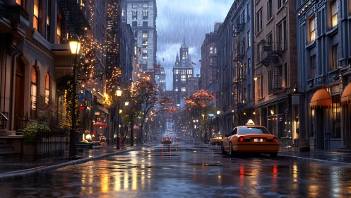 Rainy evening city street with taxis and wet reflections.