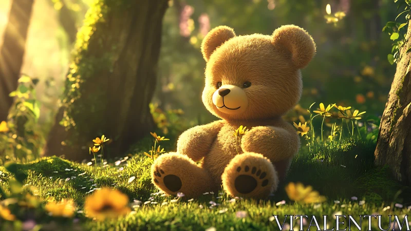 Plush teddy bear in sunlit forest glade with warm bokeh light.