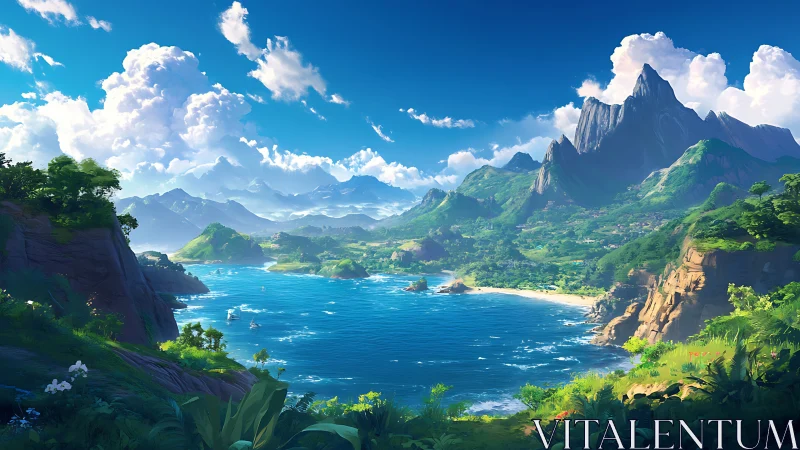 Fantasy Mountain Landscape with Coastal Bay.