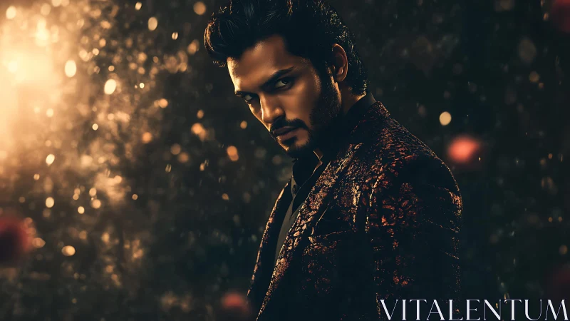 Moody portrait shows man in glittering suit under warm bokeh