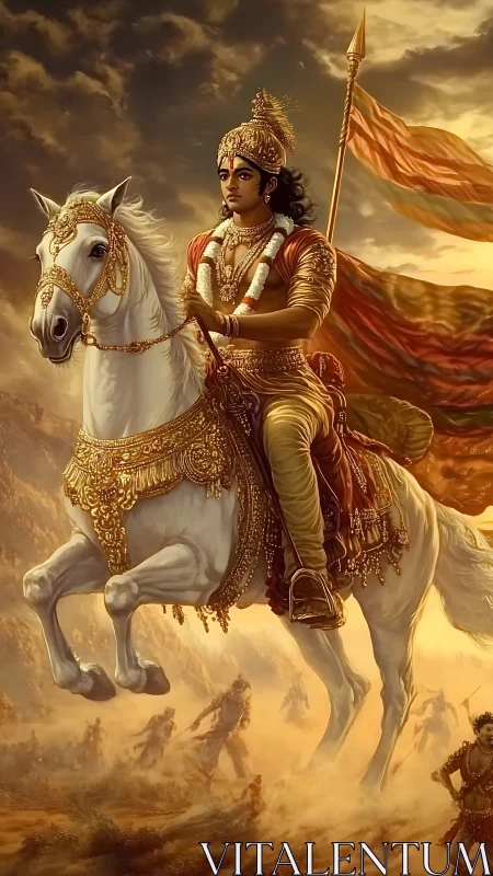 Armored cavalry prince in dynamic battlefield charge tableau.