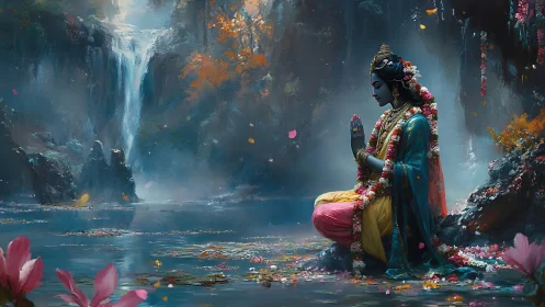 Serene blue deity in prayer beside a misty waterfall pond.