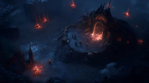 Infernal cavern gateway with cultists and glowing lava portal