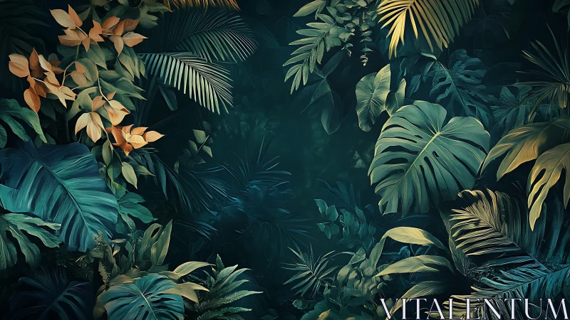 Lush tropical foliage glows against deep teal jungle shadows.