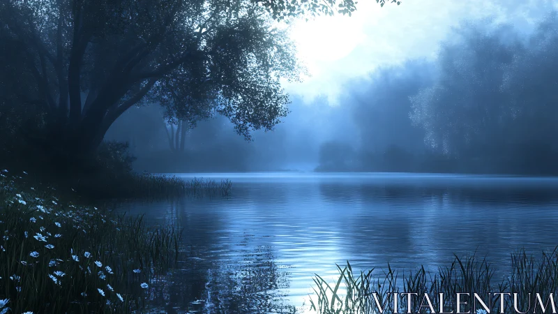 Nocturnal mist over tranquil lake renders luminous blue depth