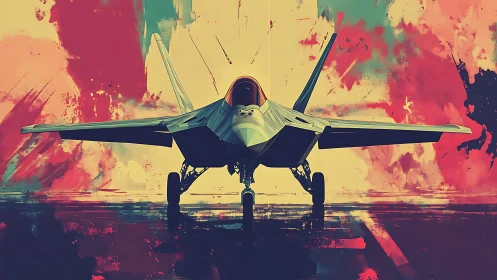 Stealth fighter jet on runway with bold abstract colors.