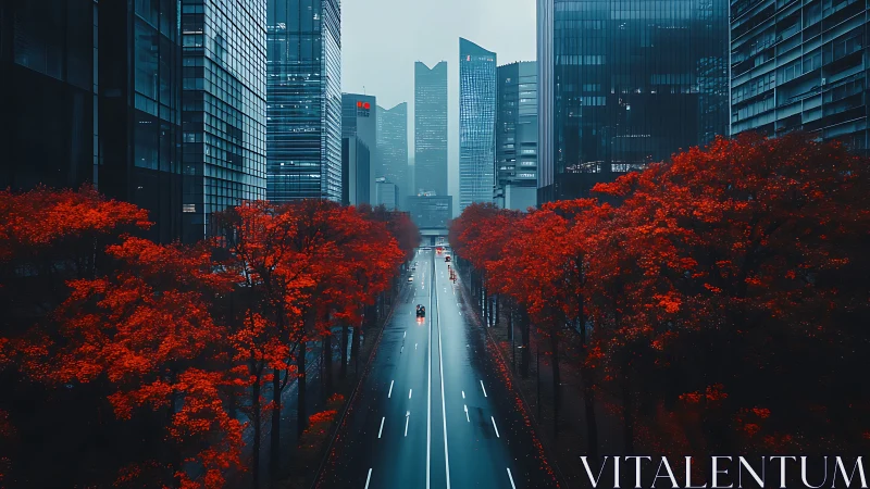 Urban boulevard with neon red foliage and glass towers.