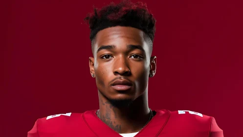 Focused football player portrait in bold crimson uniform.