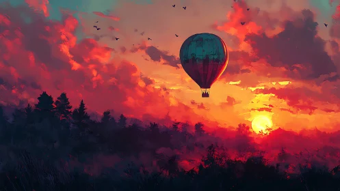 Hot air balloon drifts across fiery digital sunset sky.