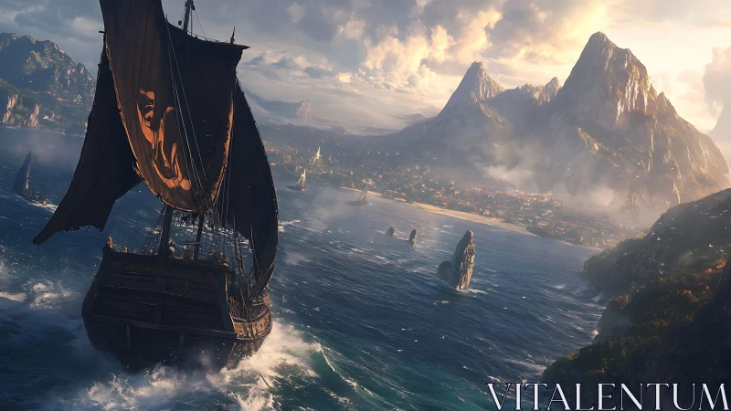 Sailing vessel approaching mountainous coastal settlement.