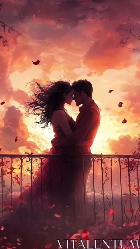 Silhouetted Romance Blazes Against Sunset Inferno.