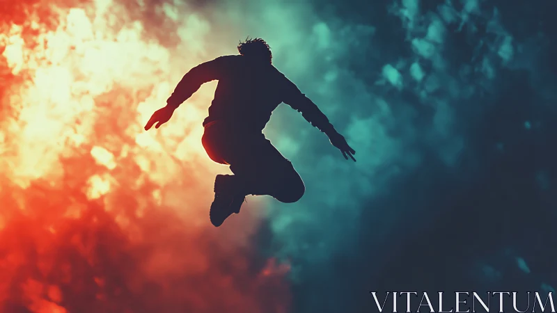 Silhouetted jumper crosses vibrant red and teal cloud split