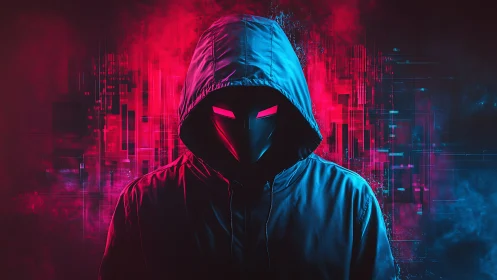Cyber hooded figure dominates neon glitch cityscape.