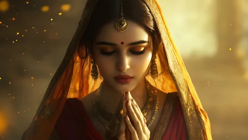 Serene Indian Woman Praying in Warm Golden Light, Artistic Portrait.