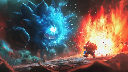 Fiery hero confronting colossal elemental beast in void.