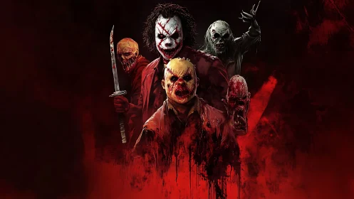 Grinning slaughter troupe emerging from a blood‑red void.