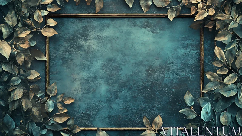 Antique gold frame encircled by metallic foliage on teal ground