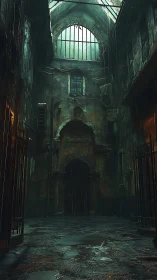 Rain-soaked abandoned courtyard suggests ominous secrets