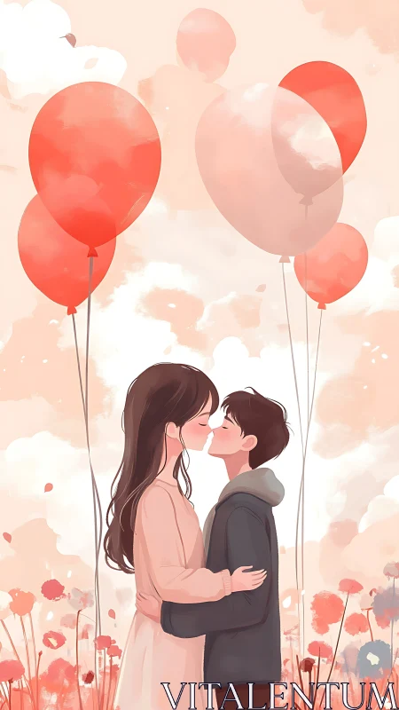 Couple kissing beneath red balloons in flowering field