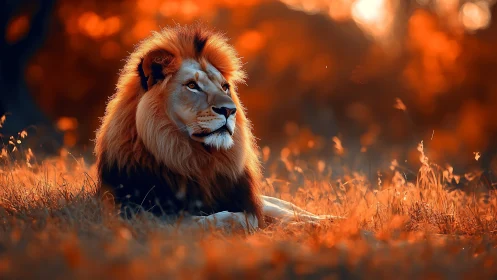 Regal lion rests in glowing orange savanna light at dusk.